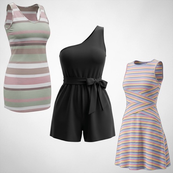 SHEIN Dresses & Skirts - SHEIN Lot of 3 Black One Shoulder Romper Ribbed Colorful & Striped Tank Dress M